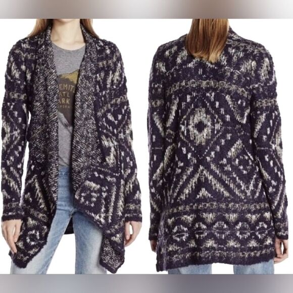 🇬🇪🔹️Lucky Blue Intarsia Chunky Knit Open Cascading Cardigan Sweater Large - Picture 1 of 12